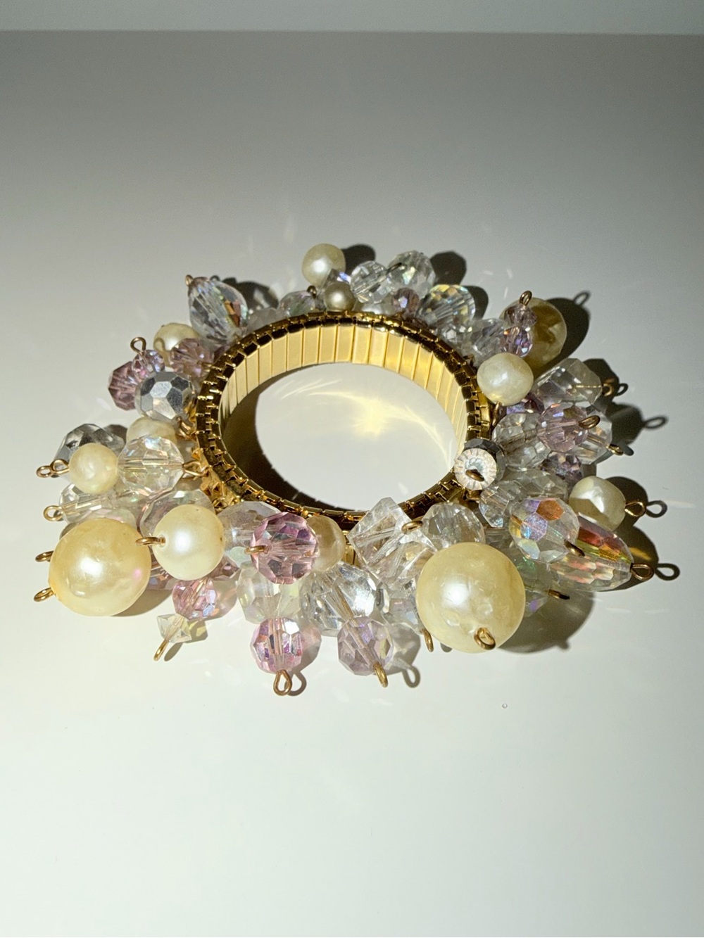 Vintage Glass & Faux Pearl Expansion Cha Cha Flapper Style Bracelet